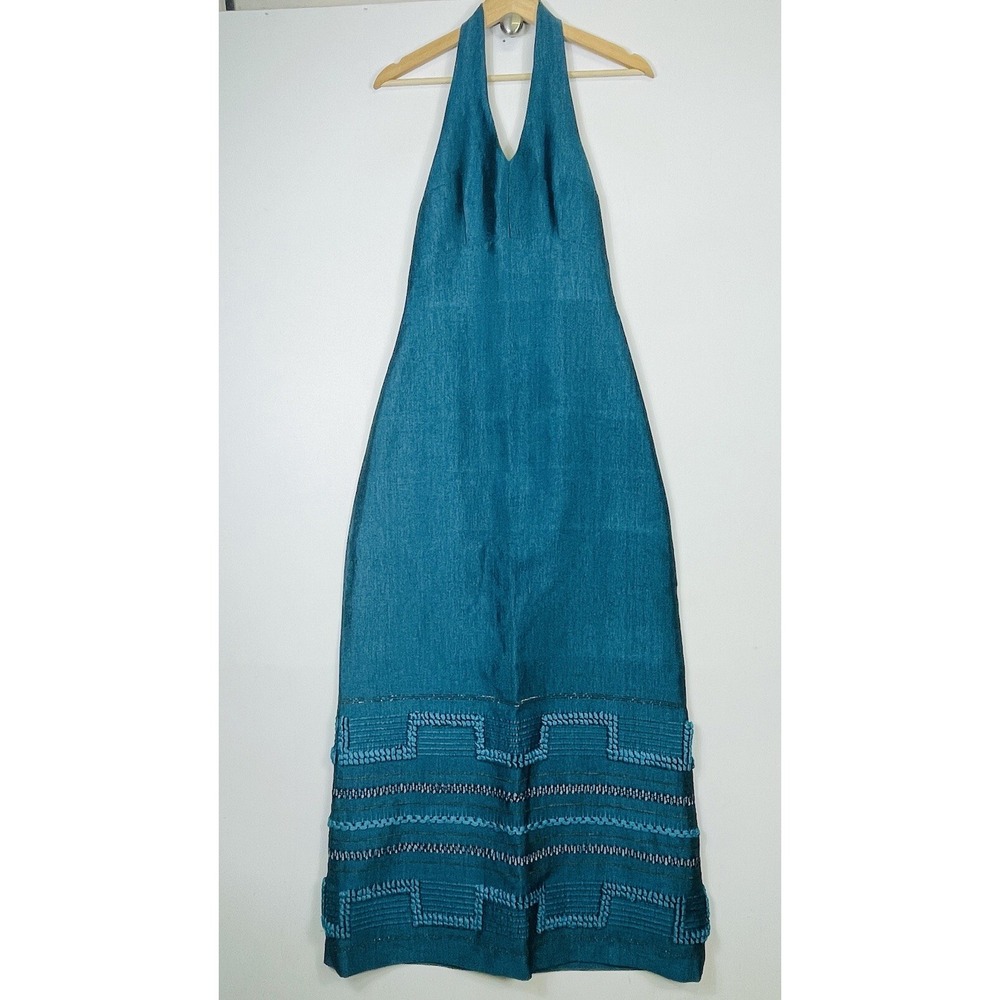Plan Guadalajara Halter Maxi Dress Womens Small Teal Vintage Boho Artisan Mexico